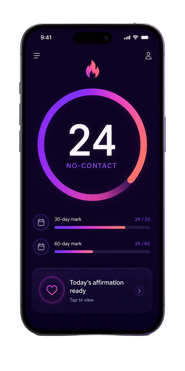 Move On app on a phone showing a 24 day no-contact streak ring and milestone progress