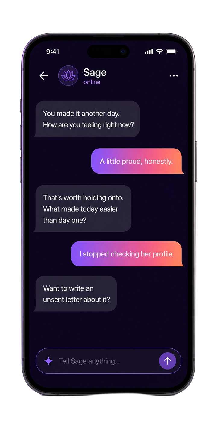 Move On app on a phone showing a supportive chat with Sage, the private AI companion