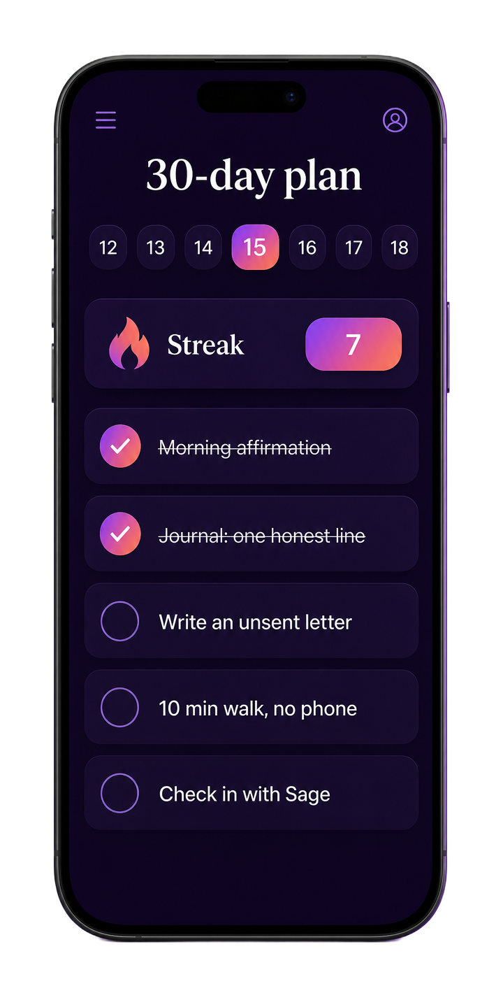 Move On app on a phone showing the 30-day plan with daily healing tasks and a 7 day streak